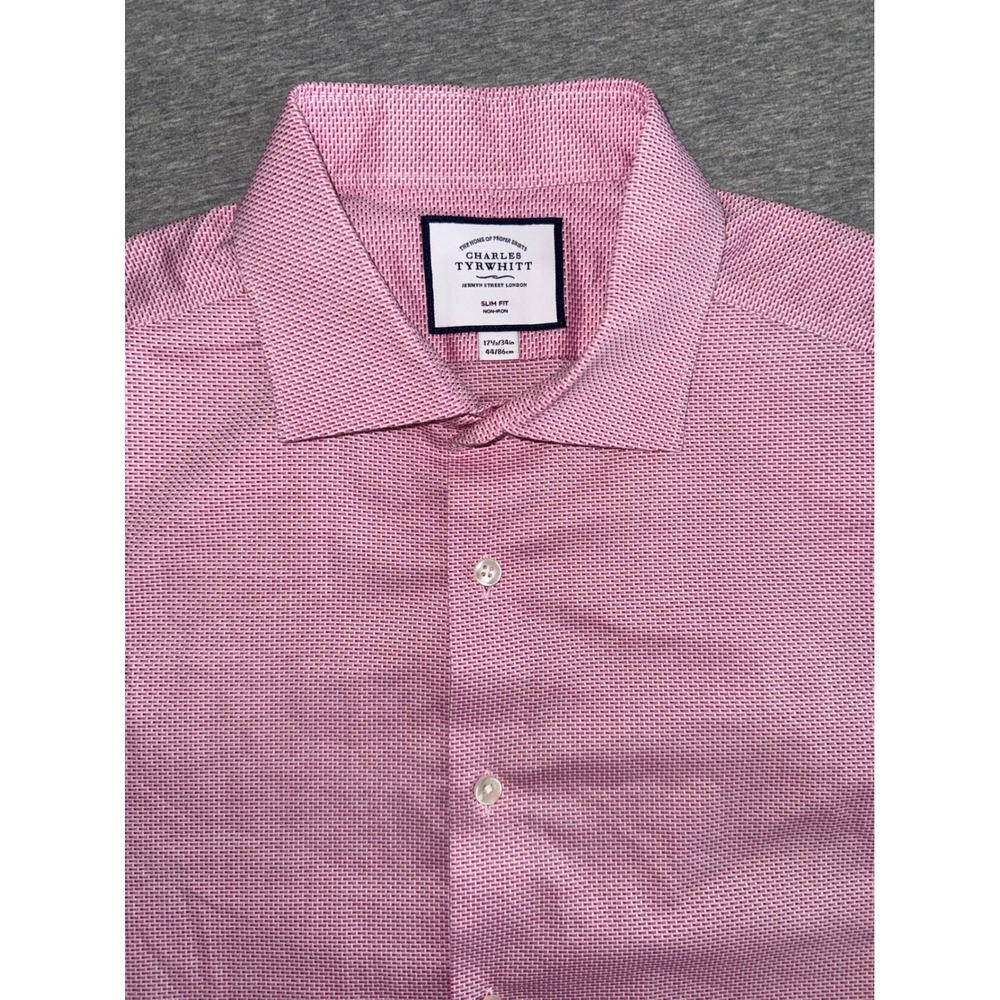 Charles Tyrwhitt Mens Slim Fit Pink Textured Dress Shirt 17.5 34 Business Office